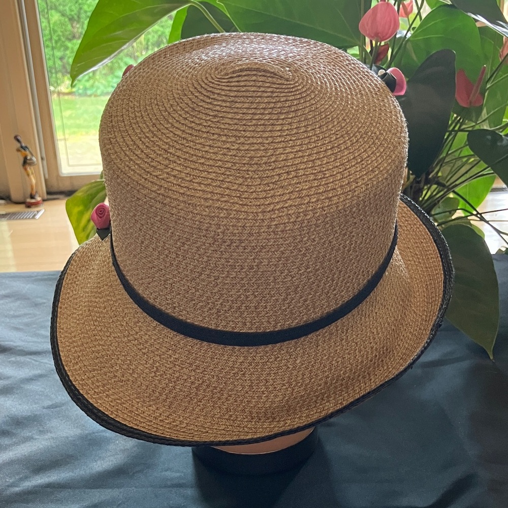 Straw Bucket Hat with Pink Rose Accents - Picture 4 of 4